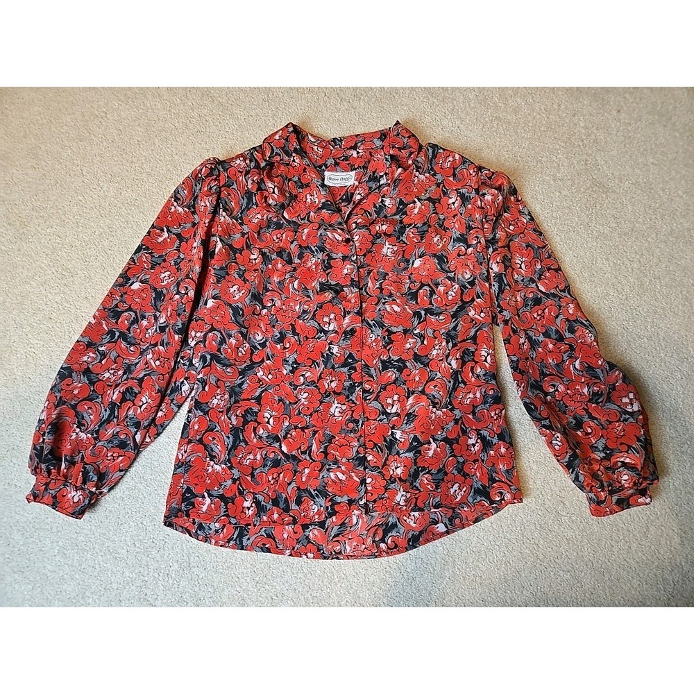 Vintage Three Flaggs Button Up Blouse Red Black floral, Size 12 Shoulder Pads 70